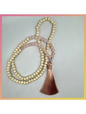 Handmade Boho Tassel Necklace with Wooden & Pink Stone Beads – 34” Long #1504
